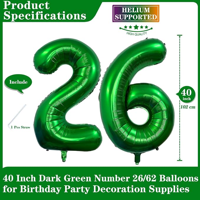 Dark Green 26 Number Balloons, 40 Inch Giant Number 26 Balloons Foil Mylar - Image 2