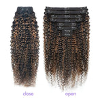 FB30 Highlight Ombre Curly Clip In Extension Human Hair 3C 4A Kinky Curly Clip Ins Full Head for Black Women Brazilian Remy Human Hair Balayage Brown 8Pcs with18clips 120g/Set (26 inch)