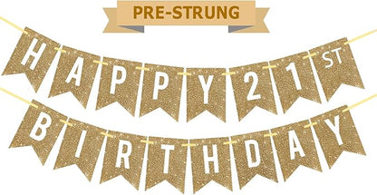 Netnology Pre-Strung Gold Glitter 21st Happy Birthday Banner Decorations | 12 by Netnology