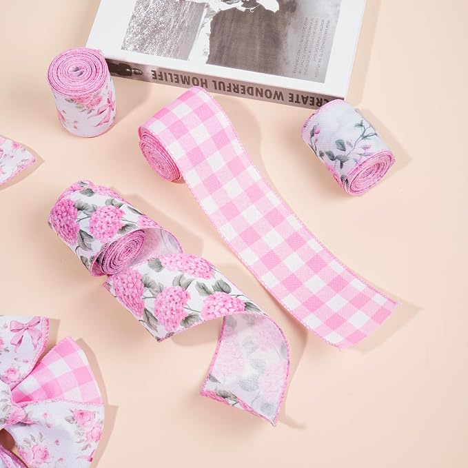 4 Rolls Pink Floral Wired Ribbon Set - Image 2