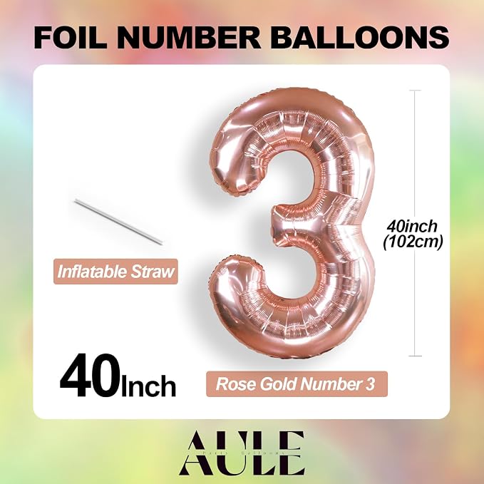 AULE 40 Inch Rose Gold 3 Balloon Number Foil 0-9 Birthday Big Numbers | - Image 3