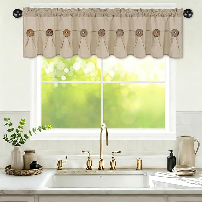 Farmhouse Valance Curtains, Boho Cotton Linen Kitchen Valance, Rustic Button - Image 6