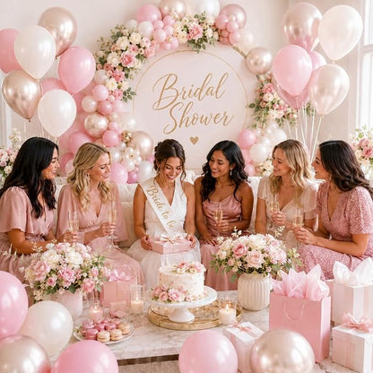 Pink and Gold Balloons, 12 Inch Pastel Light Pink and Pearl Sand White Latex - Image 8