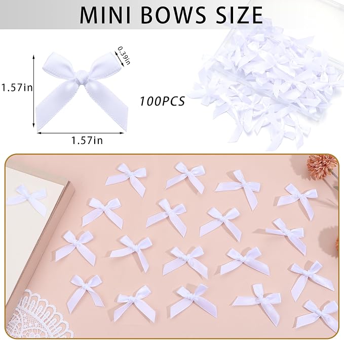 White Mini Bows 1.57" 100PCS Small Satin Ribbon Bows - Image 2