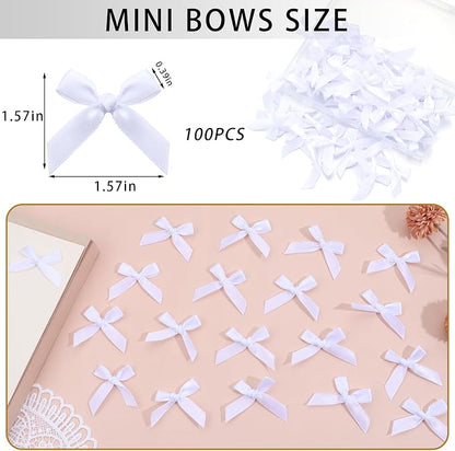 White Mini Bows 1.57" 100PCS Small Satin Ribbon Bows - Image 2