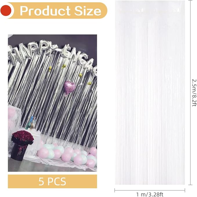 5 Pack White Fringe Foil Curtain 3.2ft x 8.2ft Tinsel Backdrop Streamers - Image 3