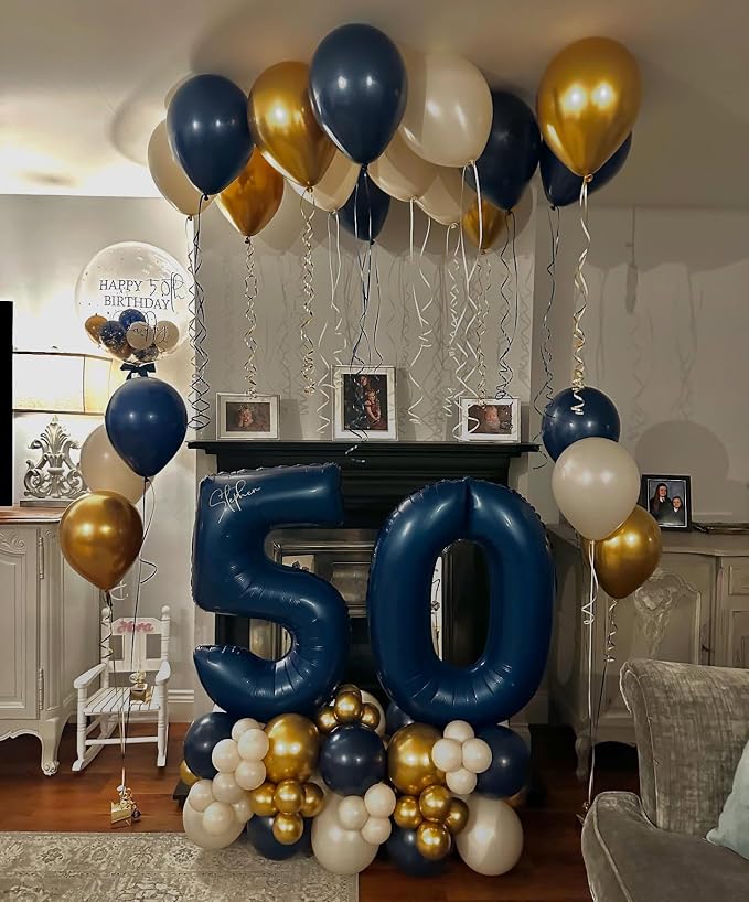 Navy Blue and Gold Balloons, 12 Inch Dark Blue and Gold Double Stuffed Pearl - Image 6