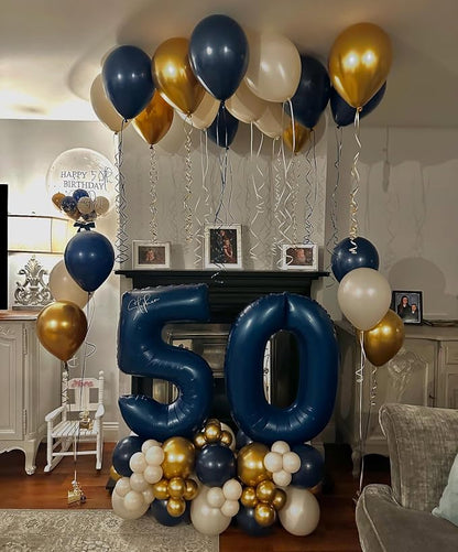 Navy Blue and Gold Balloons, 12 Inch Dark Blue and Gold Double Stuffed Pearl - Image 6