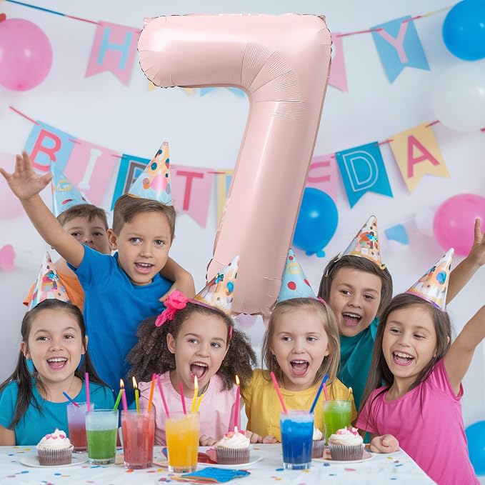 7th Birthday Balloons for Girls, Pastel Dusty Blush Pink Large Mylar 7 Balloon - Image 5
