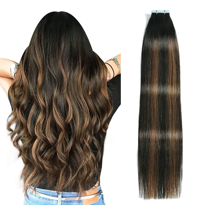SUYYA Tape in Hair Extensions Human Hair Balayage Natural Black to Chestnut Brown 20 Inch 50g/pack 20pcs Straight Seamless Skin Weft Tape in Real Human Hair Extensions(20inch #P1B/6/T1B)