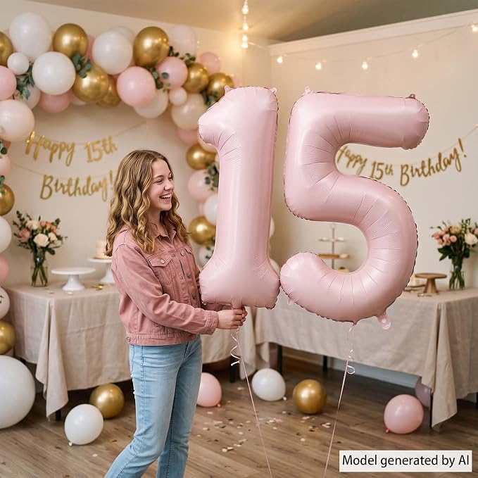 Baby Pink Number 15 Balloon 40 Inch, Foil Digits Festive Party Supplies | - Image 2
