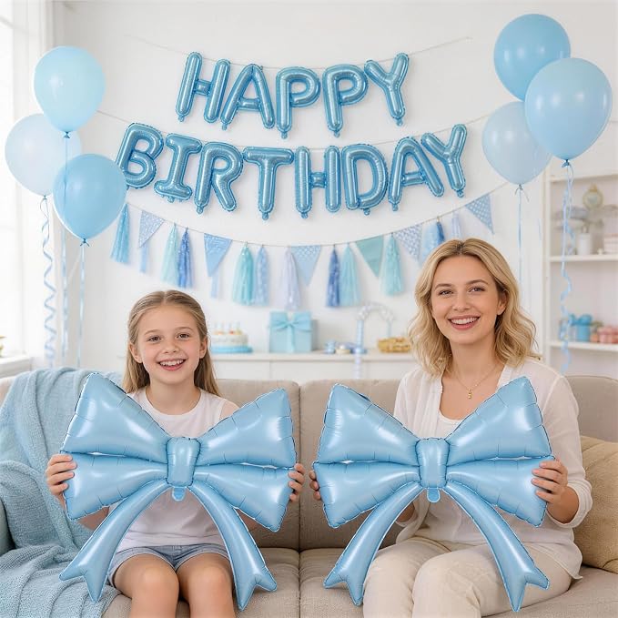 Blue Bow Happy Birthday Balloons Banner, 22 Inch Baby Blue Bow Foil Balloons - Image 6
