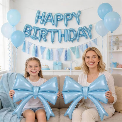 Blue Bow Happy Birthday Balloons Banner, 22 Inch Baby Blue Bow Foil Balloons - Image 6