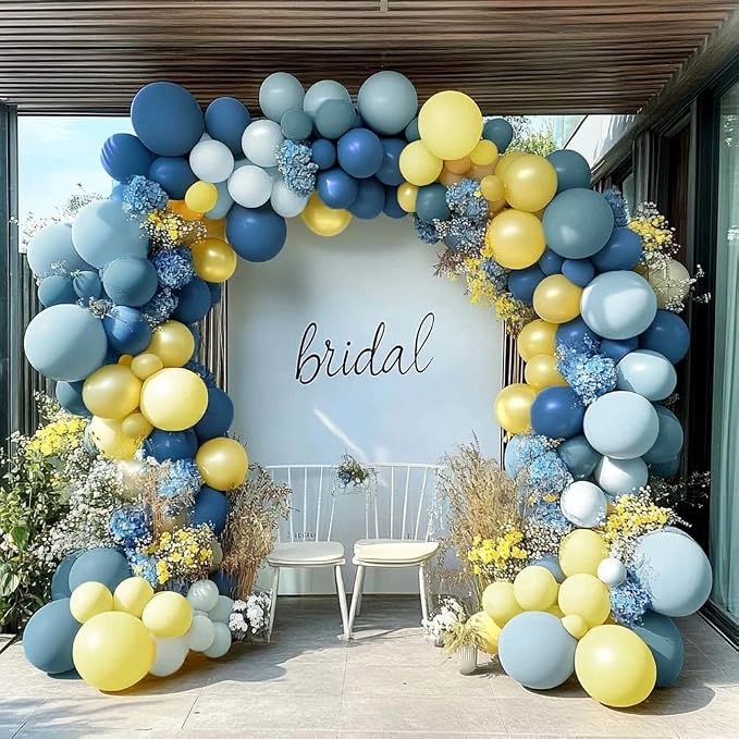 Dusty Blue Yellow Balloon Arch Kit Double Stuffed Dark Pastel Blue Light Yellow by Partycus