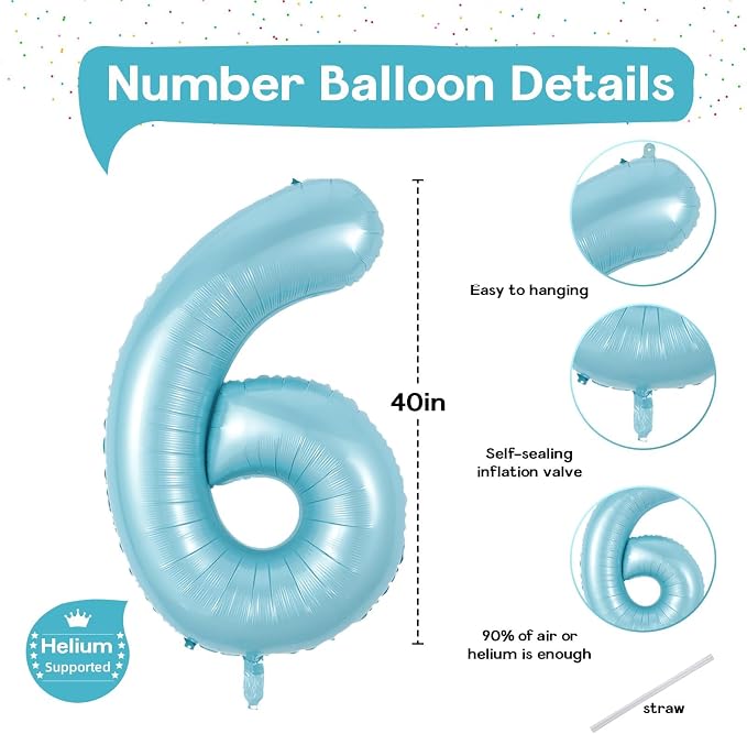 Light Blue Number 6 Balloon for Kids 6th Birthday, 40 Inch Large Pearl Baby - Image 2