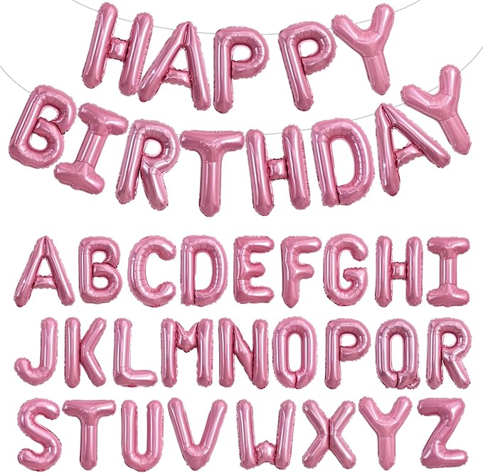 TONIFUL 65 Pcs 16 Inch Pink Happy Birthday Balloons and 2 Sets A-Z Foil Letters by TONIFUL