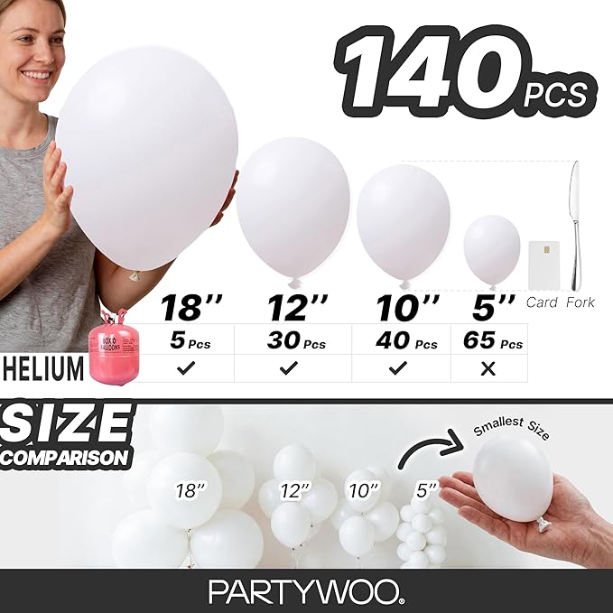 PartyWoo White Balloons 140pcs Different Sizes of 18 12 10 5 Inch | 18 12 10 5 - Image 6