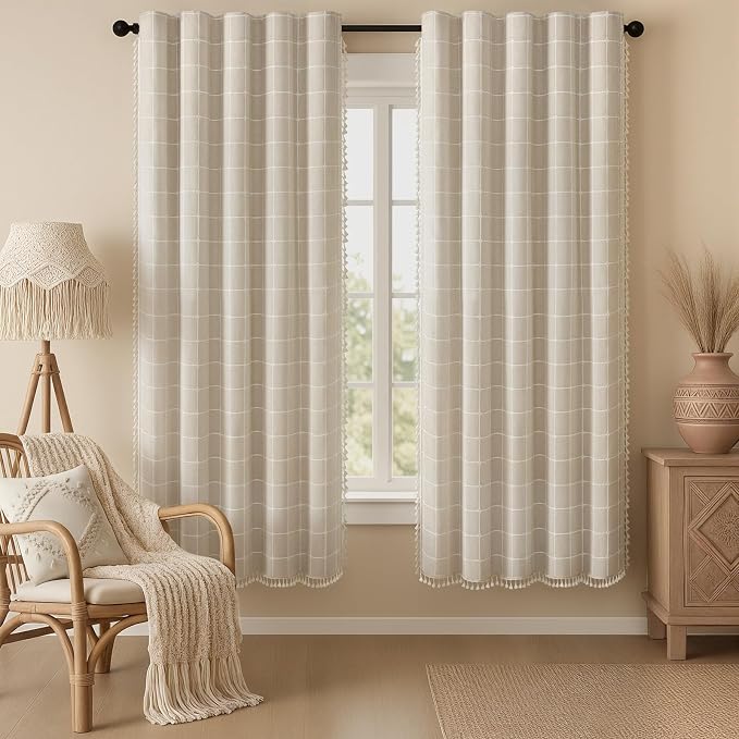Boho Blackout Plaid Curtains 72 Inch Drapes Linen Blend 2 Panels | Vintage by Unknown