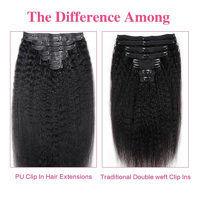 Seamless Kinky Straight Clip In Hair Extensions Invisible PU Weft Kinky Straight Clip Ins Human Hair Extensions 8pcs with 18Clips Per Set 120g(20inch,Natural Black)