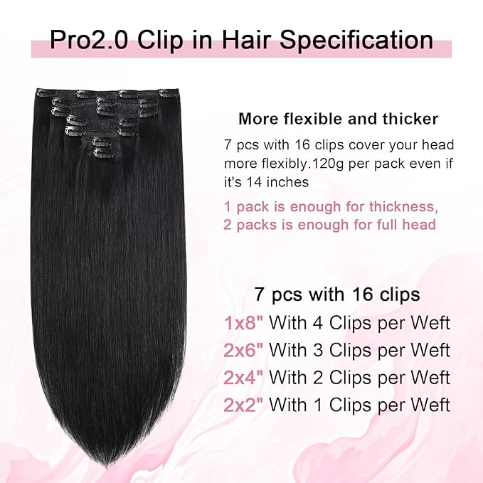 Pro2.0 Remy Clip in Extensions Real Human Hair Color #1 Jet Black Remy Clip in Hair Extensions Real Human Hair 18inch 120g Thick 7pcs Seamless Double Weft for Women（#1-18inch）