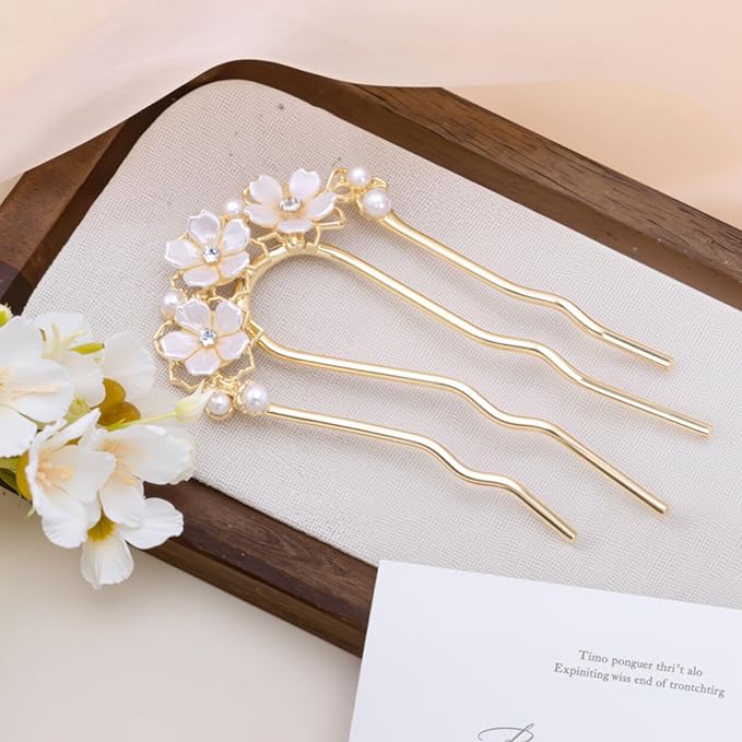 Pearl Flower Hair Clips, U-Shaped Crystal Flower Rhinestone Hair Pins, Gold Alloy Floral Hairpins Hairclips Accessories for Bride Weddings Party Holiday