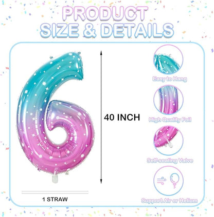Number 6 Foil Balloon with Crown, 40-Inch Gradient | Gradient star print number - Image 3