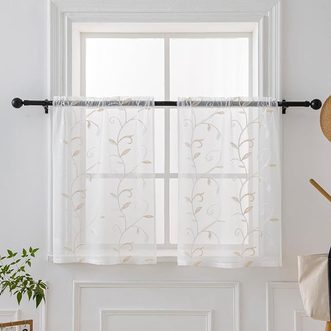 Kitchen Sheer Cafe Curtains Embroidered Leaves Beige 26Wx36L | Light Filtering by VISIONTEX