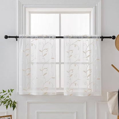 Kitchen Sheer Cafe Curtains Embroidered Leaves Beige 26Wx36L | Light Filtering by VISIONTEX