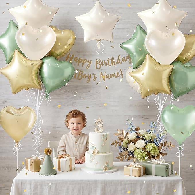 TONIFUL 18 Inch Sage Green and Champagne Gold Star and Heart Foil Balloons - Image 3