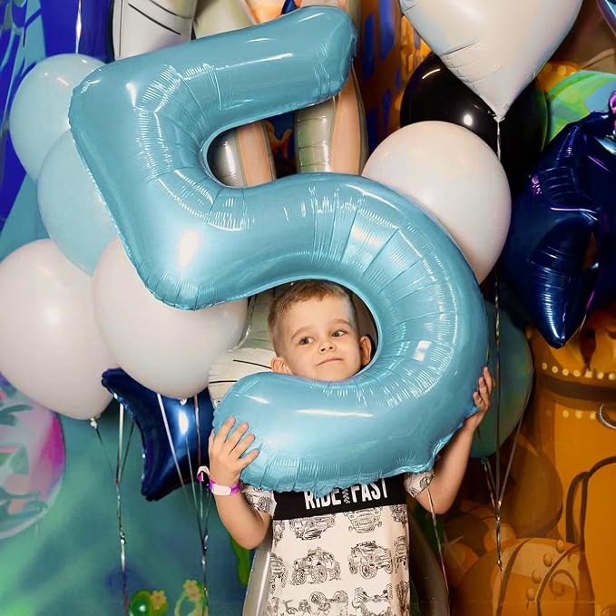 40 Inch Pastel Blue Number Balloons, Giant Self Inflating Foil 5th Birthday - Image 7