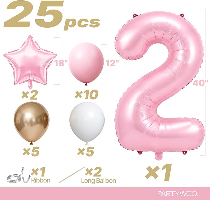 PartyWoo Number Balloons 40 Inch Pink Number 2 Kit 25pcs - Image 2