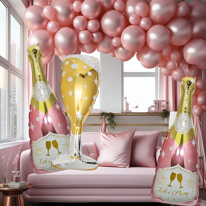 4 Pcs Champagne Balloons, Huge Rose Gold Champagne Bottle Goblet Aluminum Foil - Image 2