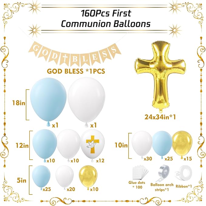 First Communion Blue Balloons Arch Kit 160Pcs, Baptism God Bless Balloon - Image 2