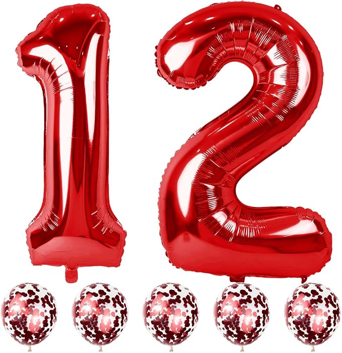 12th Birthday Balloons for Boys Girls, 40 Red Foil Number 12 Balloons by Lingqiang