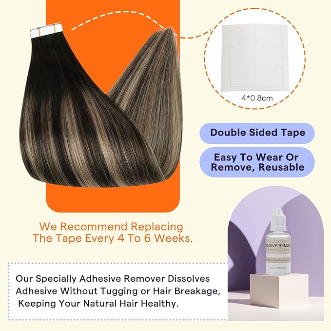 Full Shine Human Hair Tape in Extensions 14 Inch Color 1B/27/1B Black With Blonde Straight Seamless Remy Tape Ins Human Hair Extensions Balayage 20PCS Extensions for Women Real Hair 50g for Party