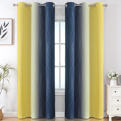 Yellow and Navy Blue Ombre Blackout Curtains - Image 2