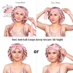YFONG 100% 22 Momme Mulberry Silk Bonnet for Sleeping Women, Larger Double Layer Silk Hair Wrap for Curly Short Long Hair, Non-Slip Sleep Cap Turban with Elastic Tie Band for Hair Care, Pink