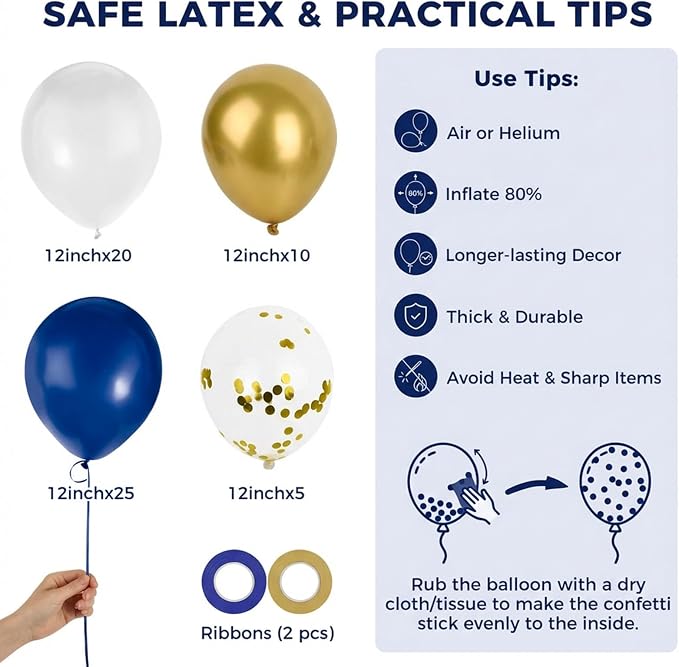 LovesTown 60PCS Dark Blue Gold Balloon Garland Kit, 12inch Arch Kit Confetti - Image 7