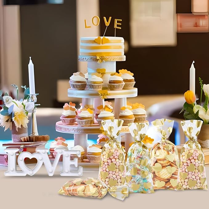 COQOFA 100 Pcs Gold Heart Cello Cellophane Treat Bags - Image 5