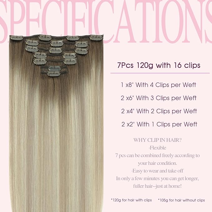 PINKPEARL Clip in Hair Extensions Real Human Hair, 16 Inch 120g 7pcs Human Hair Extensions Clip In, #8/60/18 Balayage Ash Brown to Platinum Blonde and Ash Blonde(#8/60/18-16)