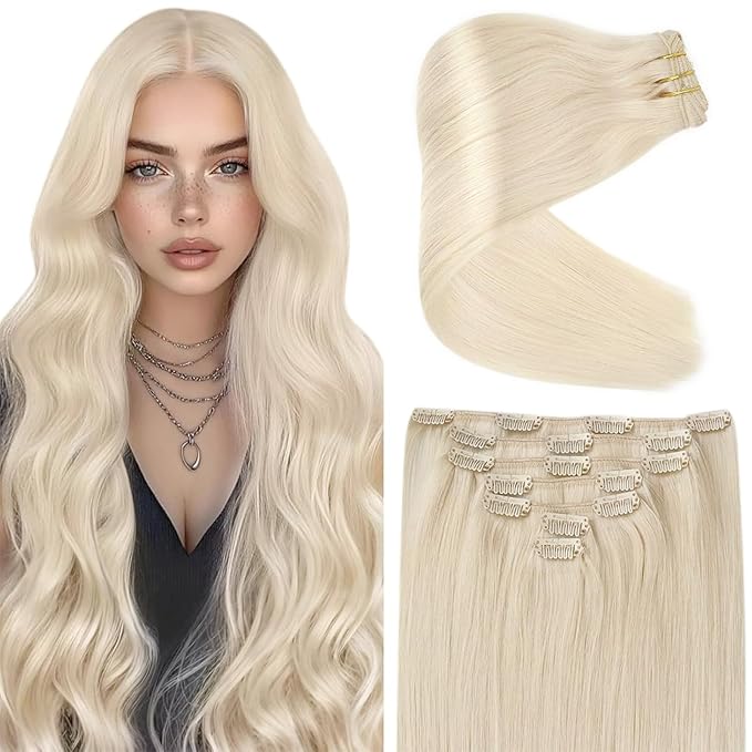 Ve Sunny Clip in Human Hair Extensions Blonde Clip in Hair Extensions, Real Hair Extensions Clip in Human Hair, Long Straight Hair Extensions Clip ins 24inch 7pcs 120g