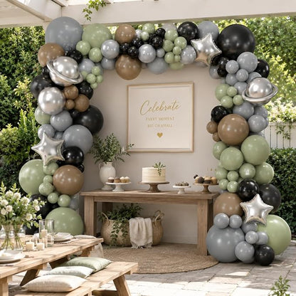 Green Gray Balloon Arch Kit, Sage Green Gray Brown Metallic Silver Balloons - Image 6