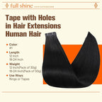 Full Shine Tape in with Holes Color Black 12Inch Tape in Hair Extensions Human Hair Invisible Seamless Human Hair Tape in Extensions 20Pcs 30G for Women Straight No Glue No Clips Thin Hair