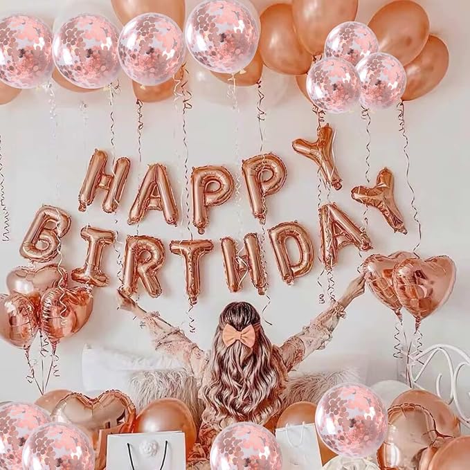 27 Pcs Rose Gold Birthday Decorations, 3D Foil Rose Gold Happy Birthday Balloon - Image 4