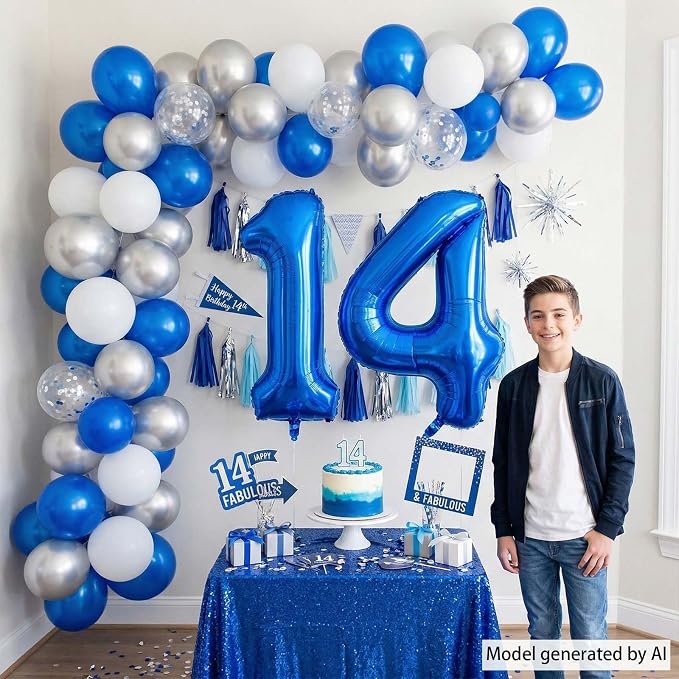 Navy Blue Number 14 Balloon 40 Inch, Shimmering Foil Milestone Party Decor | - Image 3