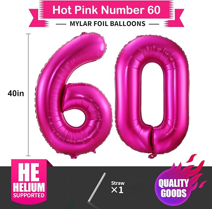Hot Pink 60 Balloon Numbers, 40 Inch 60th Birthday Balloon Foil Mylar Number 60 - Image 2