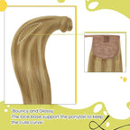 RUNATURE Ponytail Extension Human Hair, Blonde Real Hair Ponytail Extension, Wrap Around Human Hair Ponytail, Daily Wearing, Easy to Install, 18 Inch 80g #16P24 Golden Blonde Highlights