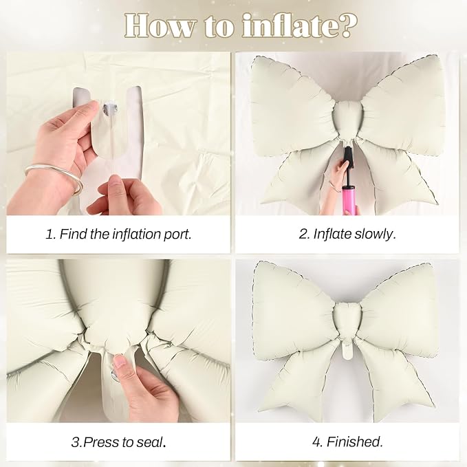 Cream Bow Foil Balloons 38 Inch, Large Beige White Bow Shaped Mylar Balloons - Image 7