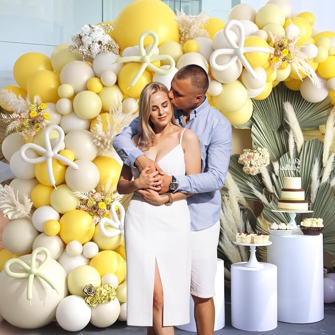 Mustard Yellow Bow Balloon Arch Kit, Sand White Pastel Yellow Balloon Garland - Image 6
