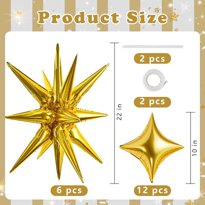 TONIFUL 18Pcs 22Inch Gold Large Explosion Star Mylar Balloons and 10Inch Four - Image 2